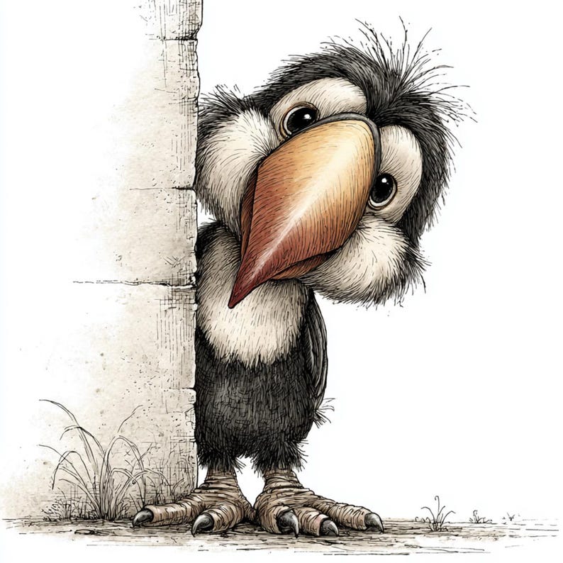 May include: A whimsical illustration of a bird with a large, tan beak and expressive eyes peeking around a stone wall. The bird has black and white plumage and detailed clawed feet. The artwork has a hand-drawn, textured style.