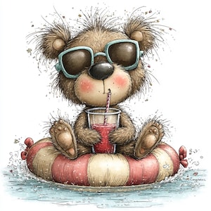 May include: A cartoon illustration of a brown teddy bear wearing sunglasses and floating in water on a red and white striped inner tube. The bear is drinking a red beverage from a clear cup with a straw.