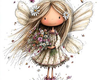 Puede incluir: Ilustración caprichosa de un hada con largo cabello rubio adornado con margaritas. Viste un vestido floral y botas rosas, sosteniendo un ramo de flores coloridas. El hada tiene grandes alas y está rodeada de mariposas y flores.