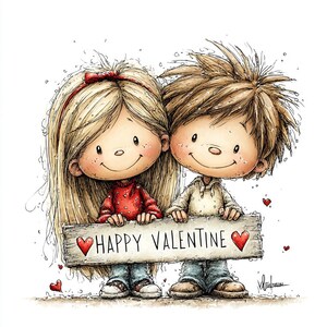 May include: A charming illustration for Valentine's Day features two cartoon children holding a wooden sign that reads "HAPPY VALENTINE." The girl has long blonde hair and wears a red sweater. The boy has brown hair and a light-colored shirt. Red hearts are scattered around.