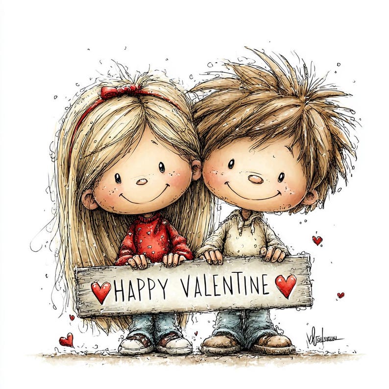 May include: A charming illustration for Valentine's Day features two cartoon children holding a wooden sign that reads "HAPPY VALENTINE." The girl has long blonde hair and wears a red sweater. The boy has brown hair and a light-colored shirt. Red hearts are scattered around.