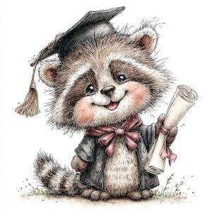 May include: A watercolour illustration of a raccoon in a graduation cap and gown, holding a scroll. The raccoon has a pink bow tie and rosy cheeks, with a cheerful expression. The background is white.