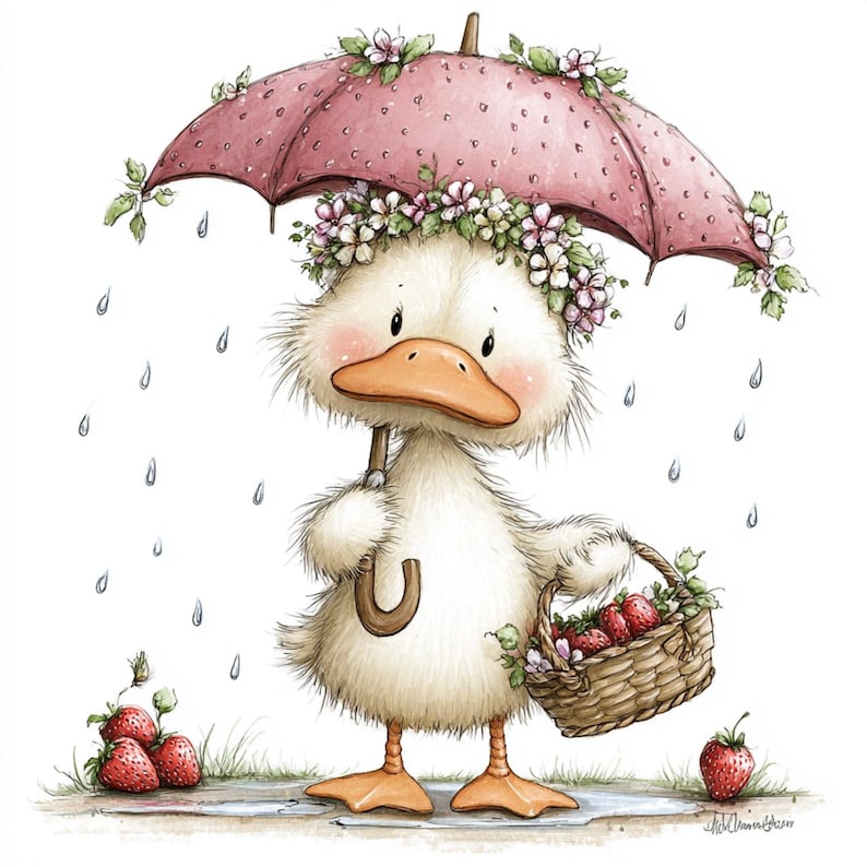 May include: A charming illustration of a fluffy white duckling holding a pink umbrella adorned with flowers. The duckling wears a floral wreath and carries a basket of strawberries. Raindrops fall around the duckling, creating a whimsical, springtime scene.
