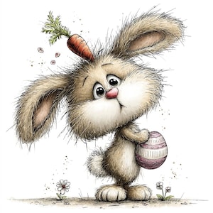 Può includere: Un'illustrazione stravagante di un coniglietto marrone e soffice con una carota sulla testa, che tiene un uovo di Pasqua decorato. Il coniglietto ha grandi occhi, un naso rosa e si trova su una superficie erbosa con piccoli fiori. Lo stile è morbido e fumettistico.