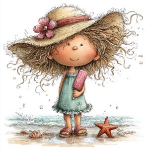 Op de afbeelding: Een grillige illustratie van een stripfiguurmeisje op het strand. Ze draagt een breedgerande strohoed met een roze bloem, een lichtgroene jurk en roze sandalen. Ze houdt een roze ijsje vast. Een zeester en schelpen liggen op het zand.