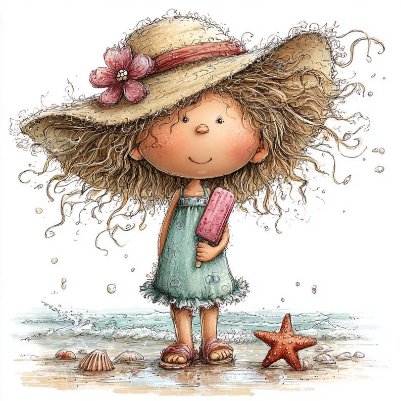 Op de afbeelding: Een grillige illustratie van een stripfiguurmeisje op het strand. Ze draagt een breedgerande strohoed met een roze bloem, een lichtgroene jurk en roze sandalen. Ze houdt een roze ijsje vast. Een zeester en schelpen liggen op het zand.