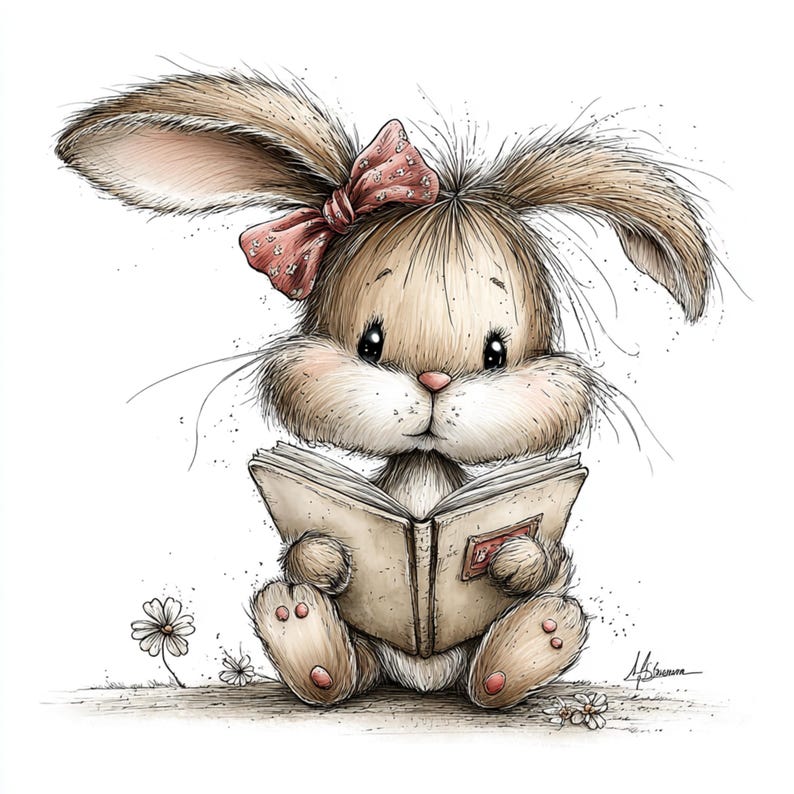 May include: A charming illustration of a bunny rabbit reading a book. The bunny is light brown with a pink bow and is sitting on the ground with small flowers. The book is open, and the bunny is looking at it.