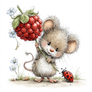May include: A charming illustration of a mouse holding a large red raspberry on a green stem. The mouse has tan fur, pink cheeks, and a long tail. A ladybug is nearby. Soft blue flowers and green grass are in the background.