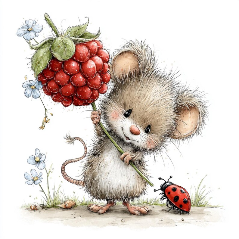 May include: A charming illustration of a mouse holding a large red raspberry on a green stem. The mouse has tan fur, pink cheeks, and a long tail. A ladybug is nearby. Soft blue flowers and green grass are in the background.