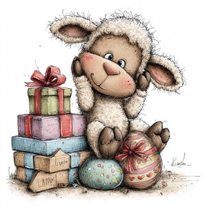 May include: A whimsical illustration of a sheep-like character with a stack of colorful gift boxes and two decorated Easter eggs. The sheep is smiling, with its hands near its face. The gifts are tied with red bows. The eggs have heart and stripe designs.
