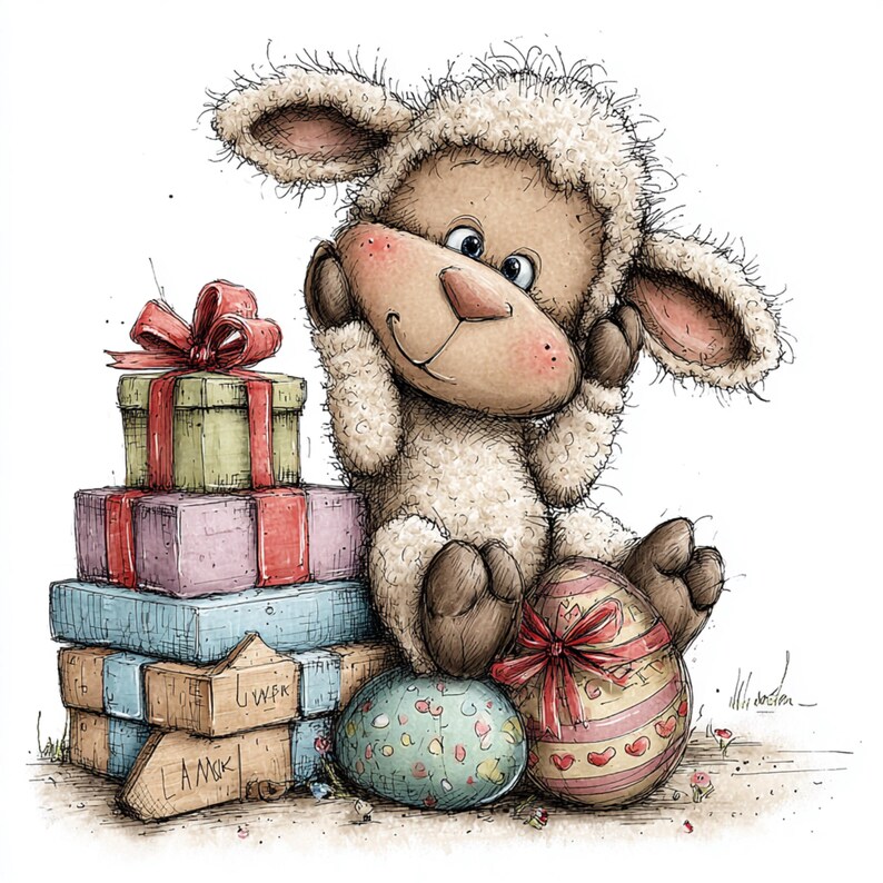 May include: A whimsical illustration of a sheep-like character with a stack of colorful gift boxes and two decorated Easter eggs. The sheep is smiling, with its hands near its face. The gifts are tied with red bows. The eggs have heart and stripe designs.