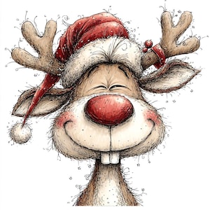 Op de afbeelding: Een grillige illustratie van een rendier met een kerstmuts. Het rendier heeft een grote rode neus, roze wangen en een brede grijns. De geweien zijn versierd met een rode band. Kerstthema.