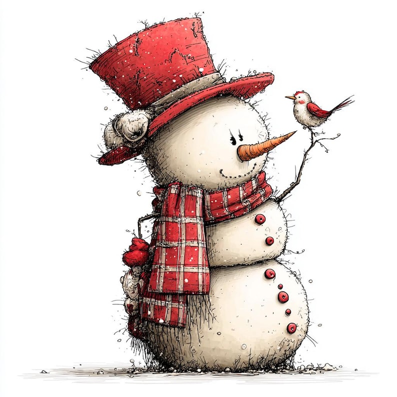 Op de afbeelding: Een grillige illustratie van een sneeuwpop met een rode hoge hoed, sjaal en wanten. De sneeuwpop heeft een wortelneus en lacht. Een kleine rood-witte vogel zit op een tak in de buurt. De sneeuwpop heeft rode knopen.