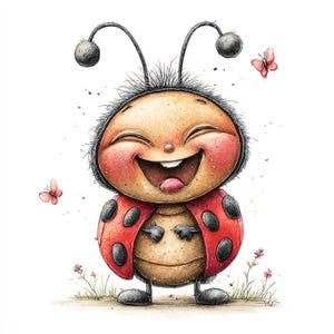 Peut inclure: Illustration &agrave; l'aquarelle d'une coccinelle souriante avec une carapace rouge et des taches noires. La coccinelle a une expression joyeuse, avec des joues roses et une bouche grande ouverte. Deux petits papillons et quelques fleurs sont &eacute;galement dans l'image.