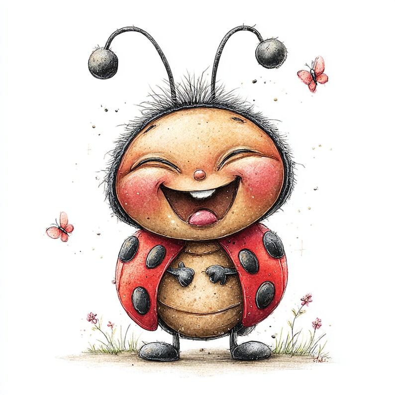 Peut inclure: Illustration &agrave; l'aquarelle d'une coccinelle souriante avec une carapace rouge et des taches noires. La coccinelle a une expression joyeuse, avec des joues roses et une bouche grande ouverte. Deux petits papillons et quelques fleurs sont &eacute;galement dans l'image.