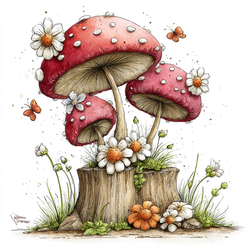 May include: Watercolor illustration of three red mushrooms with white spots and daisy accents atop a tree stump. Two orange butterflies flutter nearby. The artwork features green grass and additional white and orange flowers.