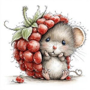 May include: A charming illustration of a mouse with a raspberry headdress. The mouse has gray fur, blue eyes, and a pink nose. The raspberry is red with green leaves. The artwork has a whimsical, storybook style.