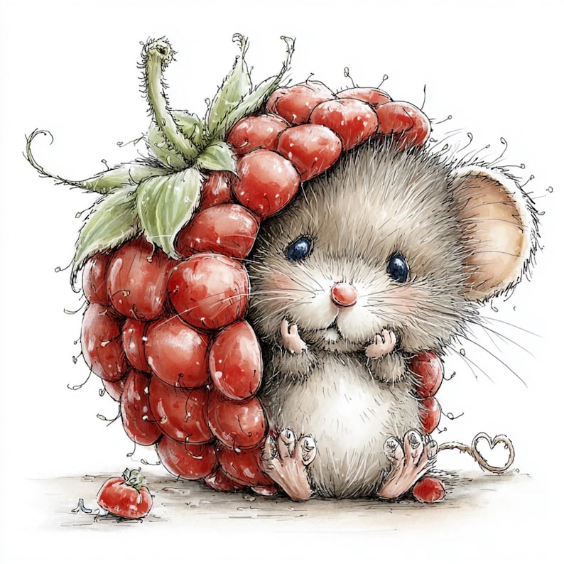 May include: A charming illustration of a mouse with a raspberry headdress. The mouse has gray fur, blue eyes, and a pink nose. The raspberry is red with green leaves. The artwork has a whimsical, storybook style.