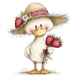 May include: A charming illustration of a duck wearing a straw hat with a red polka-dot band and holding a bouquet of strawberries. The duck has a yellow beak, pink cheeks, and is adorned with a white flower. The strawberries are red with green stems.