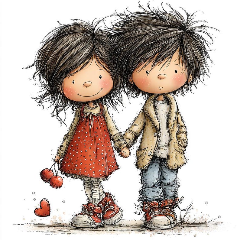 May include: A whimsical illustration of two cartoon children holding hands. The girl wears a red polka-dot dress and red sneakers, holding cherries. The boy wears a tan jacket, blue jeans, and red sneakers. A heart is on the ground.