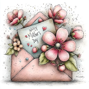May include: A watercolor illustration of a pink envelope with a card that reads "Happy Mother's Day." The envelope is filled with pink flowers, green leaves, and small red berries. The image has a soft, pastel color palette.