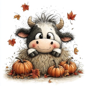Op de afbeelding: Een cartoonillustratie van een pluizige zwart-witte koe met kleine hoorns, rustend achter drie oranje pompoenen. De koe heeft een glimlachende uitdrukking en roze wangen, omringd door verspreide rode en oranje herfst-esdoornbladeren.