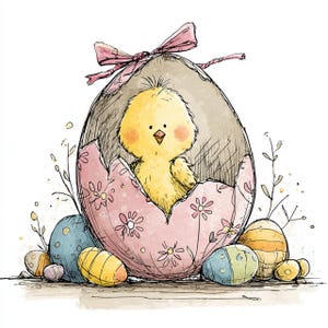 May include: A watercolor illustration of a yellow chick hatching from a cracked egg. The egg is pink with floral designs and sits among other decorated Easter eggs. A pink bow adorns the top of the egg, and sprigs of greenery are scattered around.