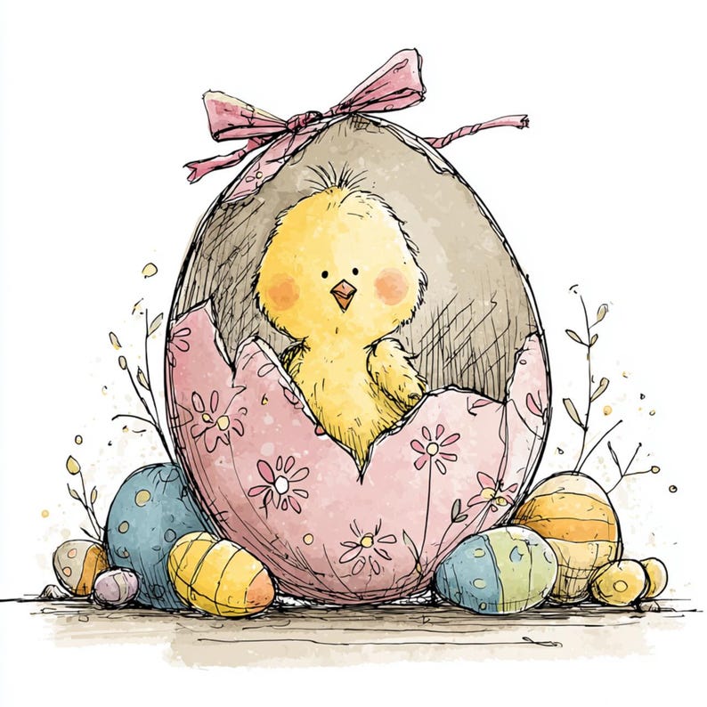 May include: A watercolor illustration of a yellow chick hatching from a cracked egg. The egg is pink with floral designs and sits among other decorated Easter eggs. A pink bow adorns the top of the egg, and sprigs of greenery are scattered around.