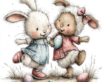 32 JPG Clipart di animali pasquali stravaganti - Amici pasquali carini che giocano con le uova per bambini e asili nido JPG