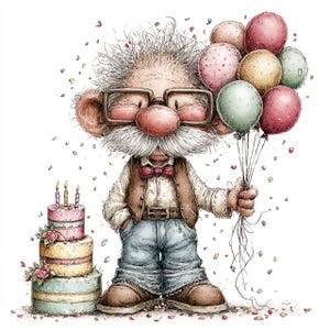 Puede incluir: Una ilustración caprichosa de un personaje de dibujos animados con una gran nariz, gafas y un bigote blanco, sosteniendo globos. El personaje lleva un chaleco, una pajarita y vaqueros, de pie junto a una tarta de cumpleaños de tres pisos con velas encendidas.