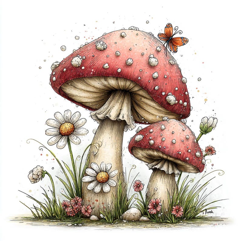 May include: Watercolor illustration of two red and white spotted mushrooms with a butterfly perched on top. Daisies and small pink flowers grow around the mushrooms, with green grass and a white background.
