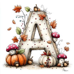 May include: A large, textured letter A decorated with autumn elements including orange and white pumpkins, red-capped mushrooms with white spots, brown acorns, and scattered orange maple leaves against a clean white background.