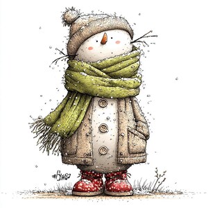 Puede incluir: Ilustraci&oacute;n de un mu&ntilde;eco de nieve con gorro de punto beige, bufanda verde y abrigo beige con tres botones. El mu&ntilde;eco de nieve tiene nariz de zanahoria, brazos de ramitas y botas rojas con lunares blancos. Caen copos de nieve.