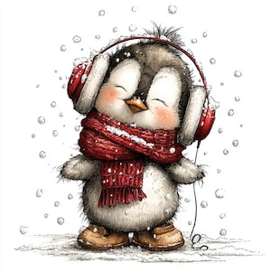 May include: A charming illustration of a penguin wearing a red scarf and earmuffs, enjoying the snowfall. The penguin has rosy cheeks and is wearing brown boots. The image is a whimsical depiction of winter.