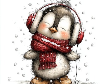 Cute winter penguin JPG christmas cartoon clipart Printable Watercolor High-Quality Papercraft Junk Journal Digital Craft Planner Quirky