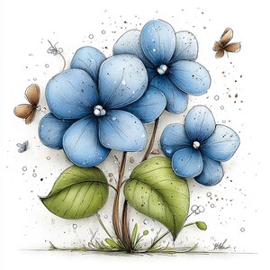 Puede incluir: Ilustraci&oacute;n en acuarela de flores azules con hojas verdes y tallos marrones. Dos mariposas marrones y peque&ntilde;os puntos blancos est&aacute;n dispersos alrededor de las flores. Las flores tienen un aspecto suave y texturizado.