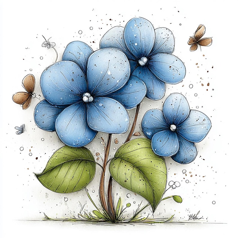 Puede incluir: Ilustraci&oacute;n en acuarela de flores azules con hojas verdes y tallos marrones. Dos mariposas marrones y peque&ntilde;os puntos blancos est&aacute;n dispersos alrededor de las flores. Las flores tienen un aspecto suave y texturizado.
