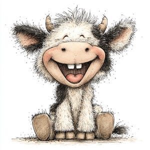 May include: A whimsical illustration of a smiling cow with a large, open mouth revealing teeth and a pink tongue. The cow has black and white fur, large ears, and small horns. The artwork is detailed with ink and watercolor.
