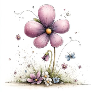 Peut inclure: Illustration &agrave; l'aquarelle fantaisiste d'une grande fleur rose au centre jaune, entour&eacute;e de petites fleurs, de papillons et d'herbe. L'&oelig;uvre a une qualit&eacute; douce et r&ecirc;veuse avec des d&eacute;tails d&eacute;licats et une palette de couleurs claires.