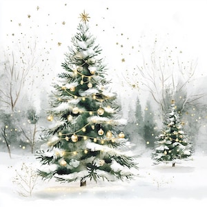 May include: A watercolour illustration of two evergreen trees covered in snow, decorated with gold ornaments and string lights. A gold star sits atop the larger tree, while gold sparkles and snowflakes float in the air against a white background.