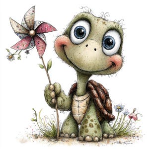 Puede incluir: Ilustración caprichosa de una tortuga sonriente sosteniendo un molinillo de viento. La tortuga tiene grandes ojos azules y un caparazón marrón. El molinillo es rosa y blanco, con flores y hierba.
