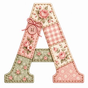 May include: A decorative letter A featuring a patchwork design with various fabric patterns including pink roses, light pink gingham, and small floral prints in green and pink. A small pink button with a tied bow is attached to the left side.