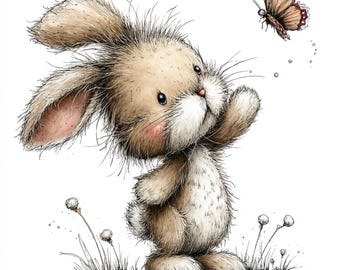 Lapin lunatique avec papillon 30 JPG | Téléchargement numérique JPG aquarelle Spring Bunny pour travaux manuels, scrapbooking, cartes de voeux