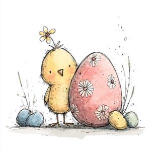 May include: Watercolor illustration of a yellow chick with a daisy on its head, standing next to a pink Easter egg decorated with white daisies. Two blue and one yellow egg are at the bottom, with grass accents.