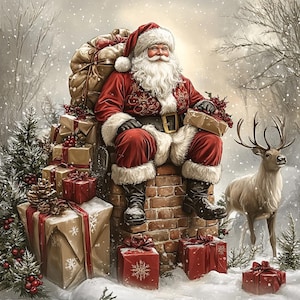 May include: Santa Claus with a white beard wearing a red suit with white fur trim, black boots, and a belt, sitting on a brick chimney. He holds a gift, with a large sack, stacked presents in brown and red paper, and a reindeer nearby.