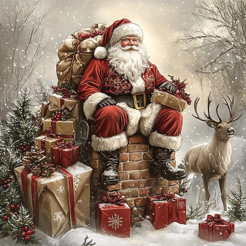 May include: Santa Claus with a white beard wearing a red suit with white fur trim, black boots, and a belt, sitting on a brick chimney. He holds a gift, with a large sack, stacked presents in brown and red paper, and a reindeer nearby.