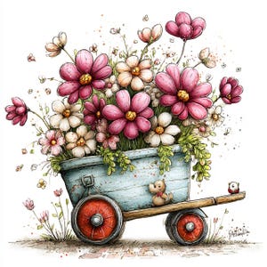 May include: A watercolour illustration of a pale blue cart overflowing with pink and white flowers. The cart has red wheels, and a small stuffed animal and bird sit on the handle. The flowers are in full bloom, with green leaves.