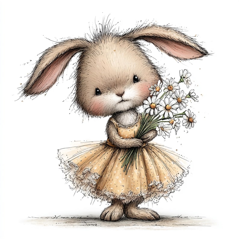 May include: A watercolor illustration of a cute bunny holding a bouquet of daisies. The bunny wears a yellow dress with a tulle skirt and lace trim. The bunny has brown fur, long ears, and rosy cheeks, set against a white background.