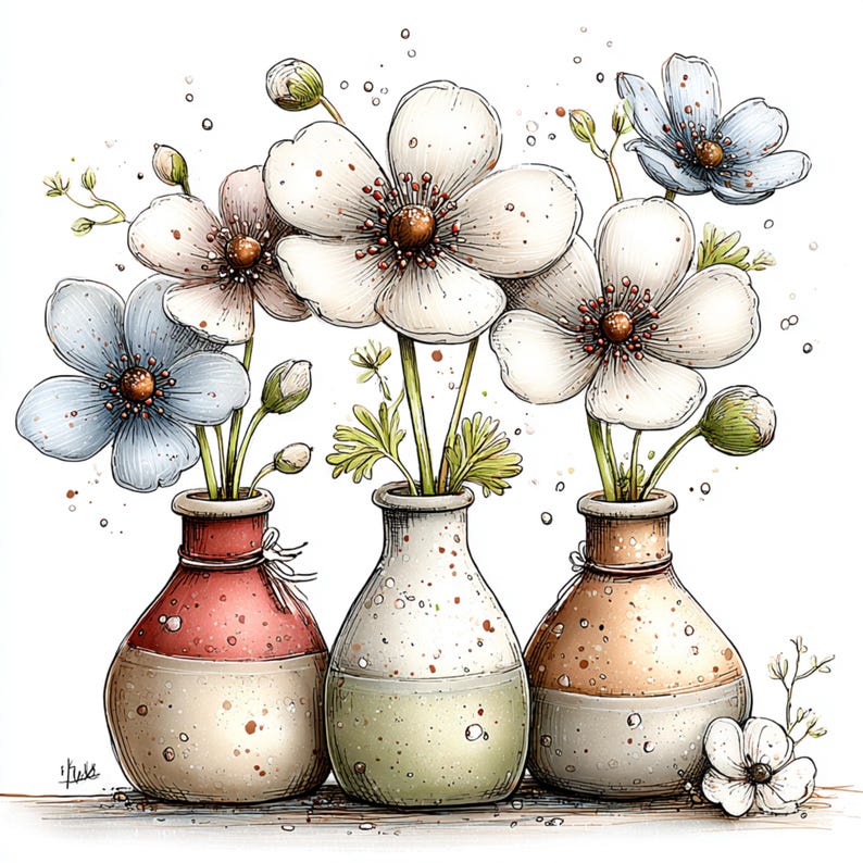 Peut inclure: Illustration &agrave; l'aquarelle de trois vases contenant des fleurs d'an&eacute;mone. Les fleurs sont blanches, bleu clair et roses avec des centres bruns. Les vases sont rouges, verts et bruns avec un motif tachet&eacute;.