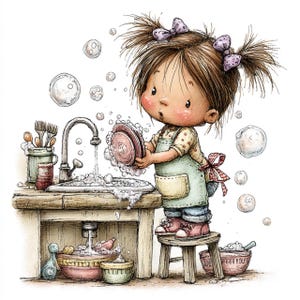 May include: A charming watercolour illustration depicts a child washing dishes. The child, wearing an apron and standing on a stool, holds a plate. Bubbles float around, and other kitchen items are visible near the sink.
